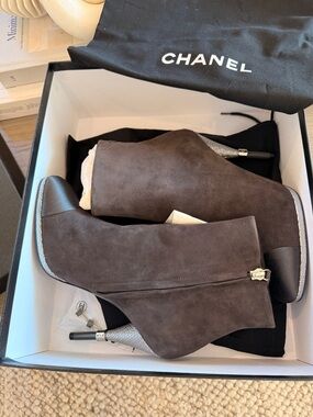 CHANEL Dark Brown Suede Ankle Booties with Metallic Silver Heel Trim